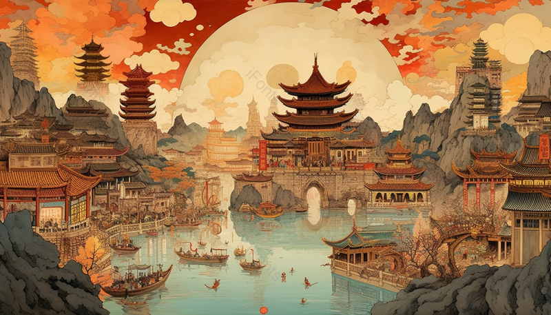 中国风古建筑祥云手绘背景图,插画/手绘图,插画/手绘图库,插画/手绘图下载,插画/手绘